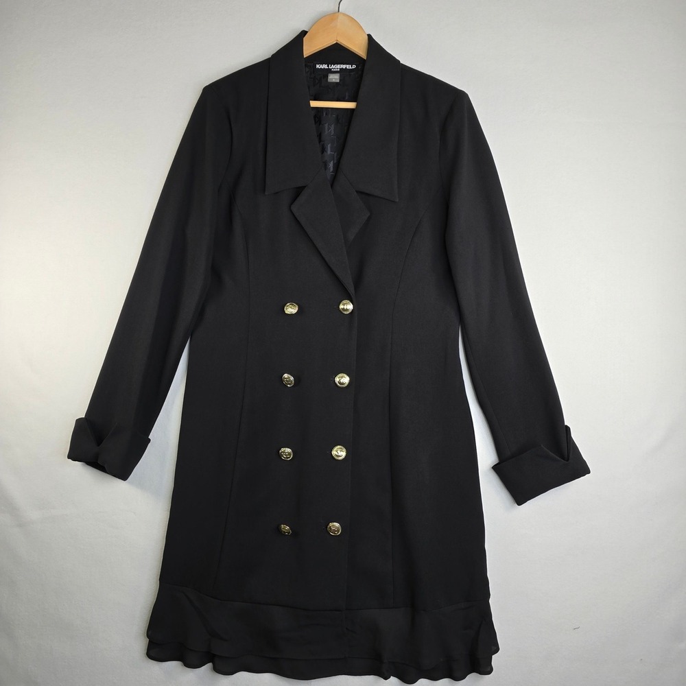 Karl Lagerfeld Paris Womens Black Double Breasted Ruffle Hem Coat Size 12
